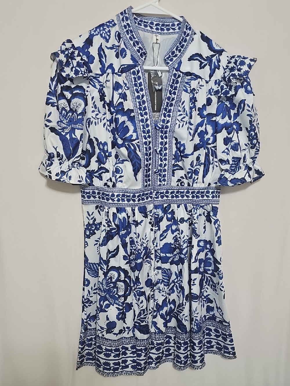 Blue & White Floral Mini Dress with Ruffle Shoulder Detail